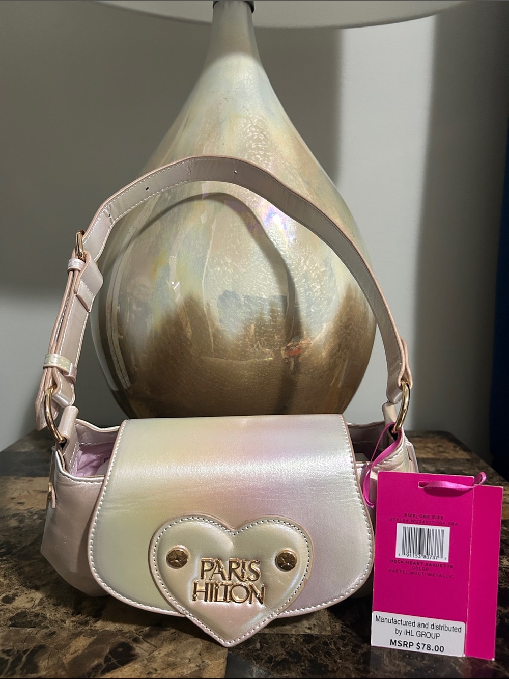 Paris Hilton Iridescent Pearl Pink Heart-Front Shoulder Bag